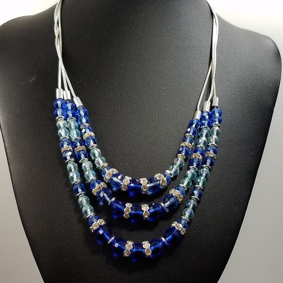 Nine West Blue Beads 3 Strand Snake Chain Necklace, 18 Inches - Picture 3 of 8
